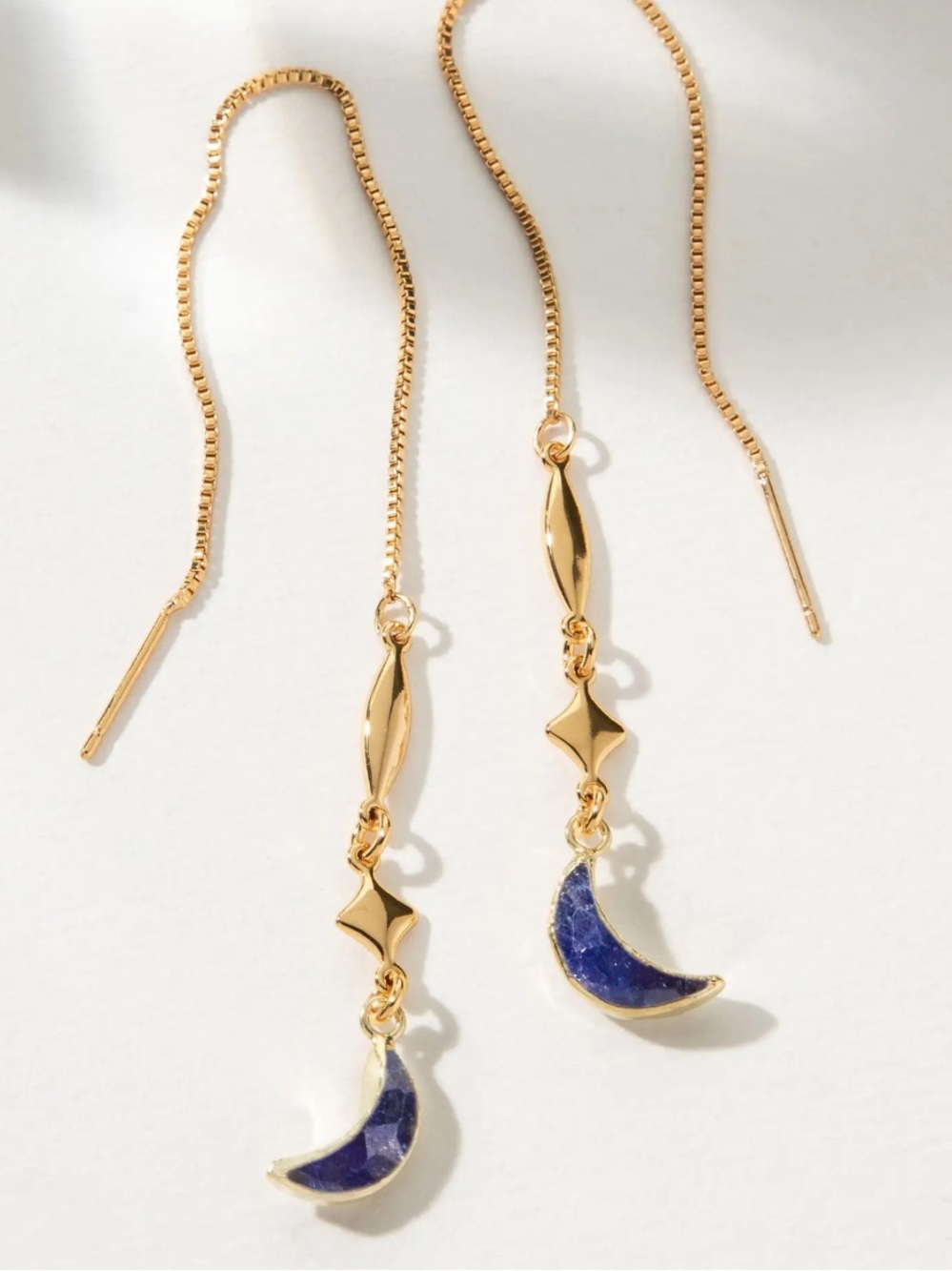 Gold Threader Earrings with Blue Crescent Moon Drops